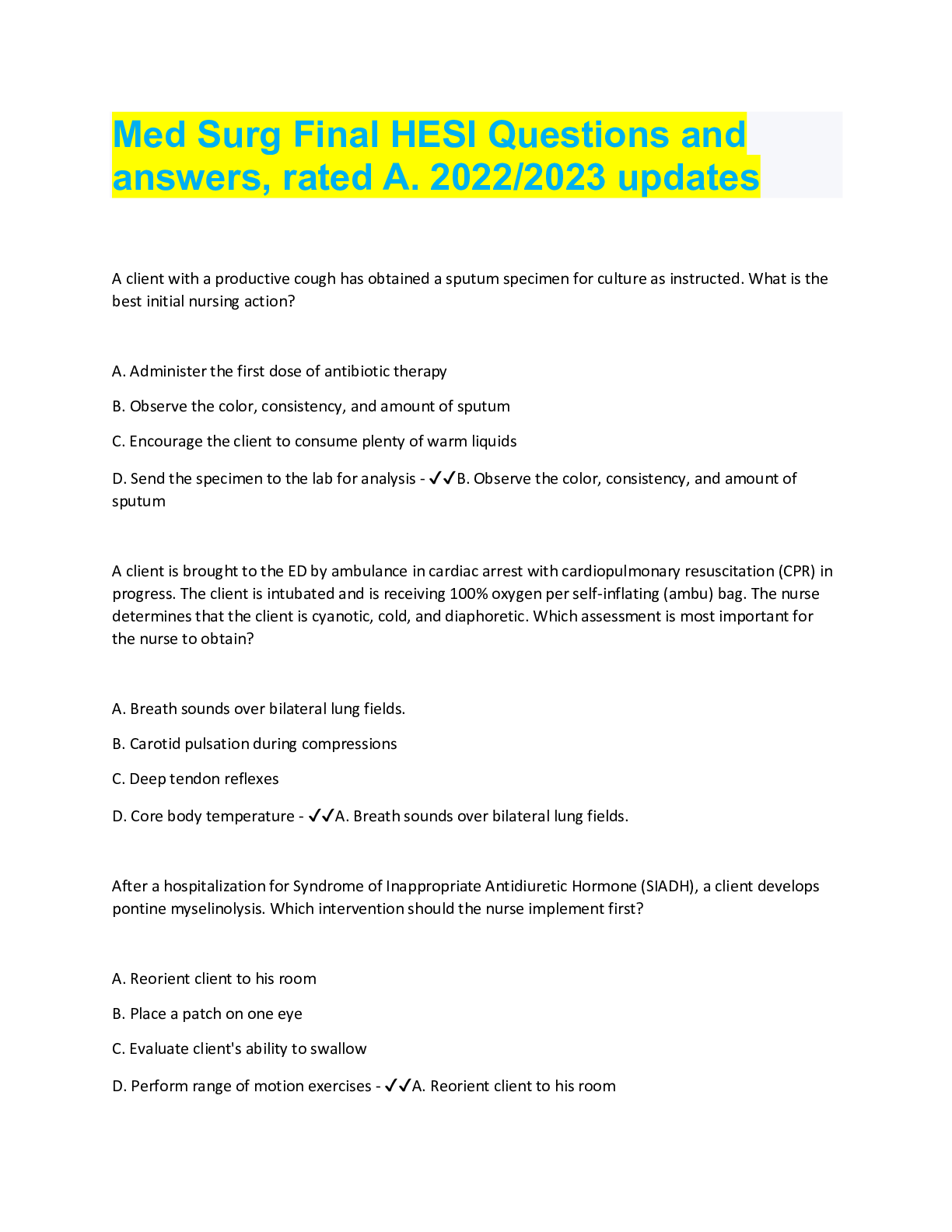 Preview image for Med Surg Final HESI Questions and answers, rated A. 2022/2023 updates